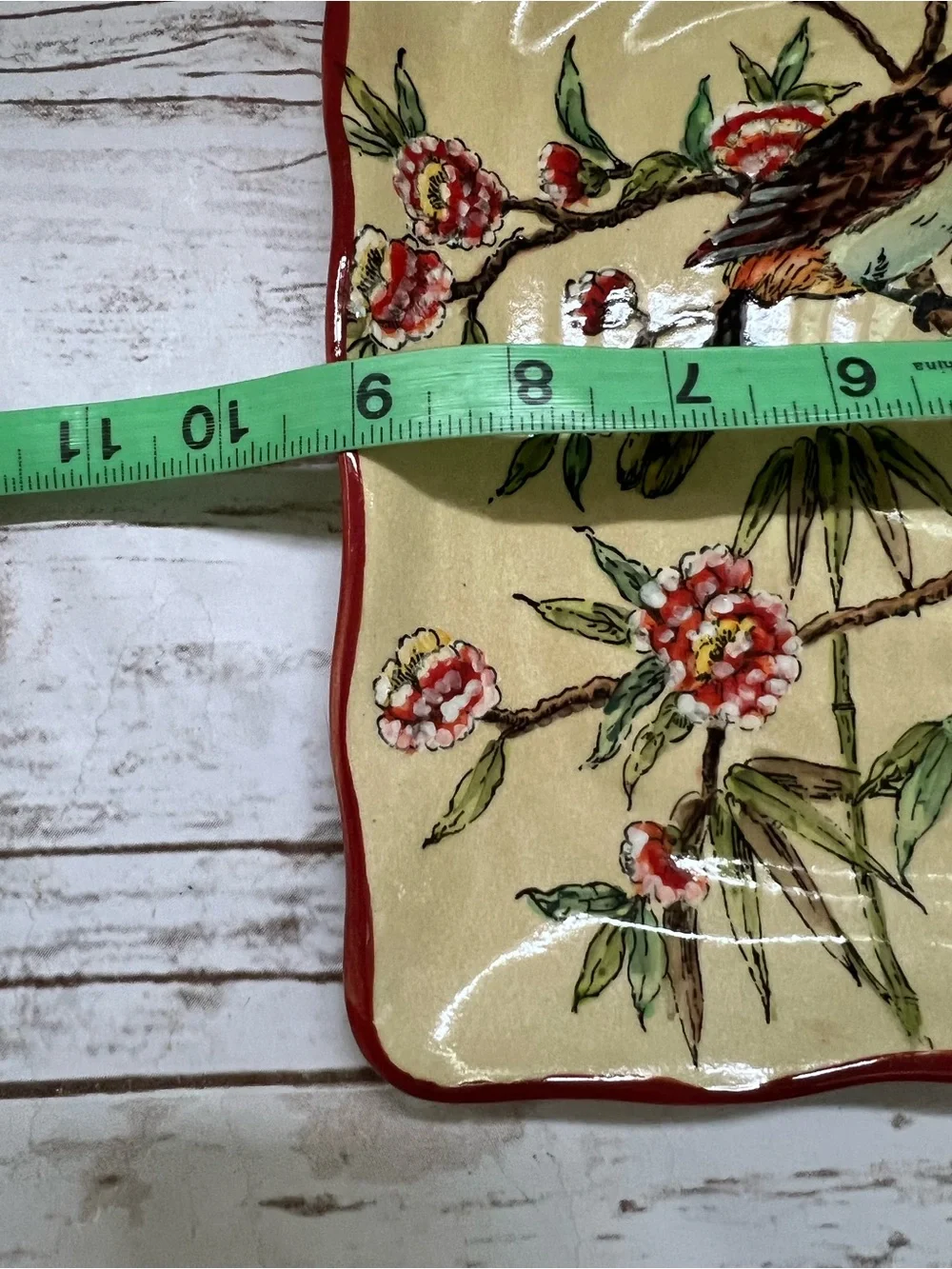 Hand-Painted Bird & Blossom Ceramic Serving Plate - Cream with Red Accent 9”x9”